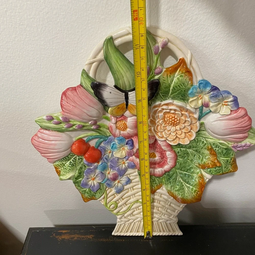 Fitz and Floyd Floral Basket Wall Plaque in White, Green, Pink, Yellow and Blue